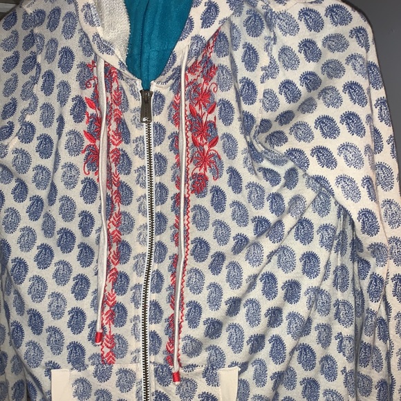 🍀 Lucky Brand Terry Sweater Chinese blue & red vase print 100% Cotton hoodie - Picture 2 of 7